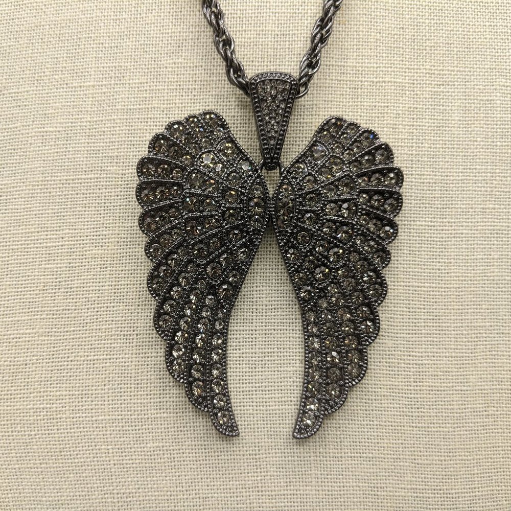 Large Angel Wings Gunmetal & Rhinestones Necklace